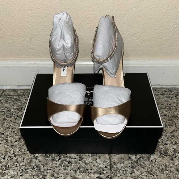 CHAMPAGNE SATIN CRYSTAL ANKLE-STRAP HIGH-HEEL DRESSY SANDAL - Picture 2 of 5